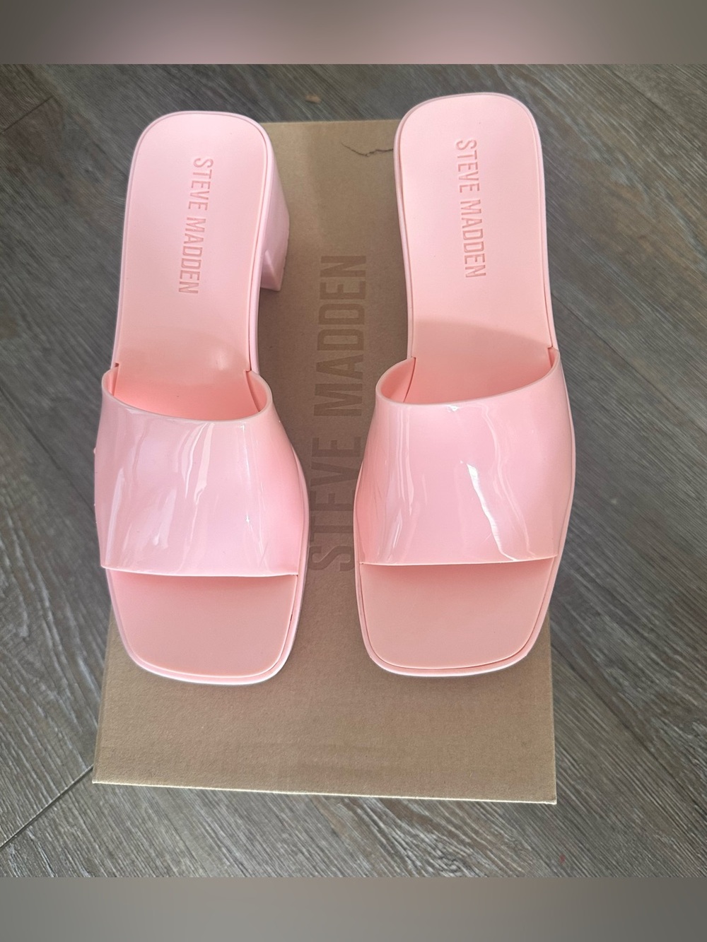 Steve Madden Glossy Light Pink Square Toe Slide Heels